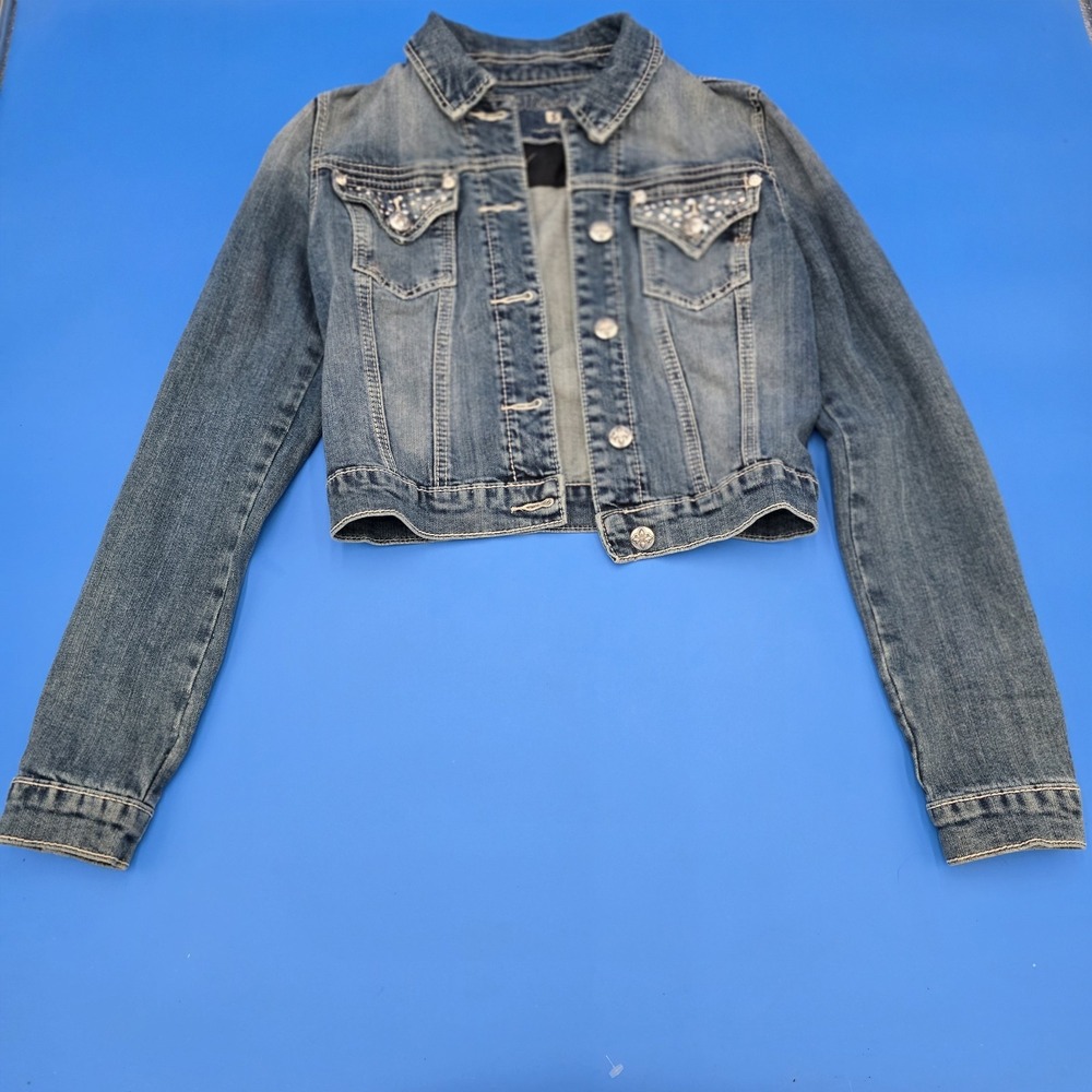 Miss Me Womens Cropped‎ Denim Jacket Blue Rhinestone Embellished JJ5788A Size S